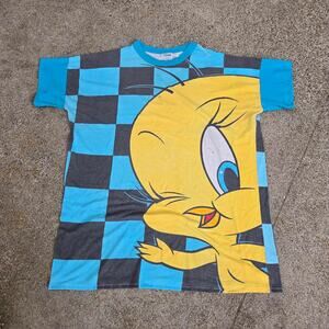 Vtg 90s LOONEY TUNES Tweety Bird Wink Face All Over Print Cartoon T Shirt XXL